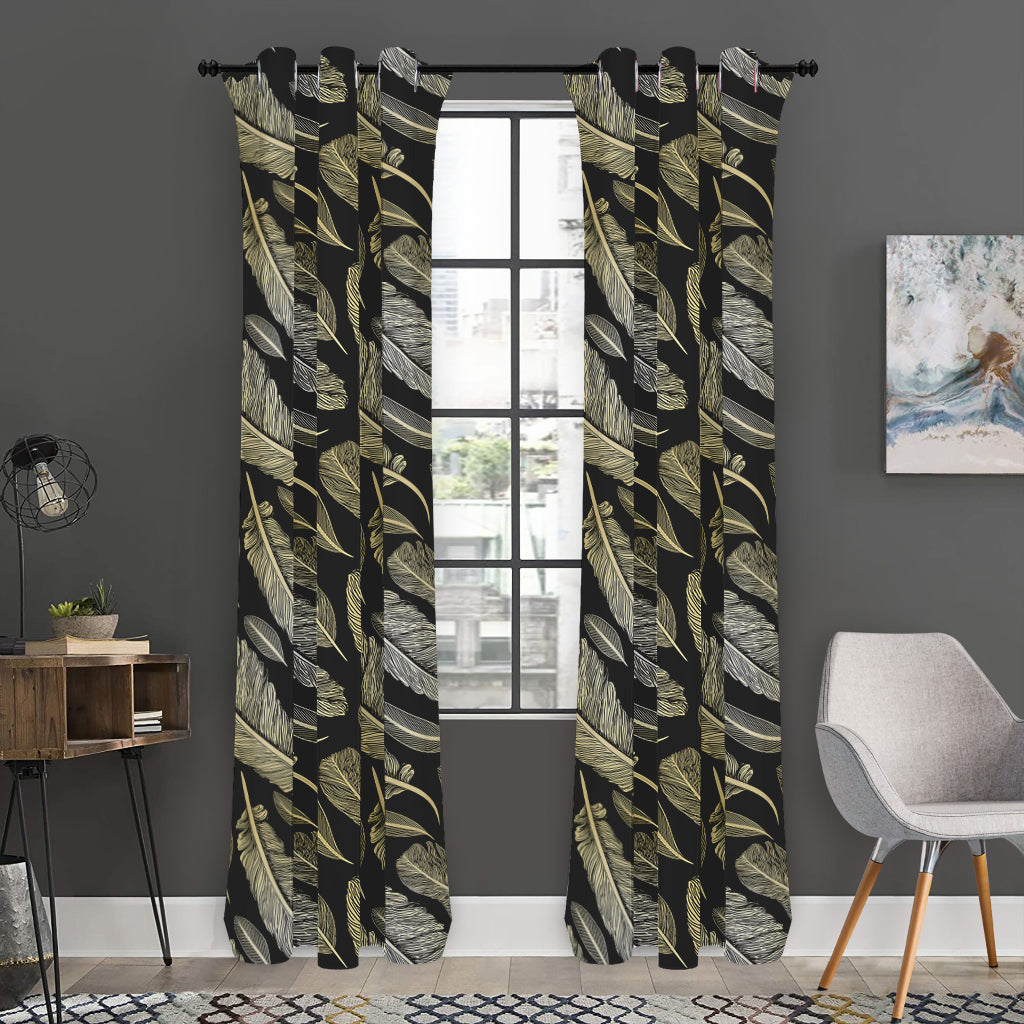 Gold And Black Feather Pattern Print Curtain