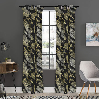 Gold And Black Feather Pattern Print Curtain
