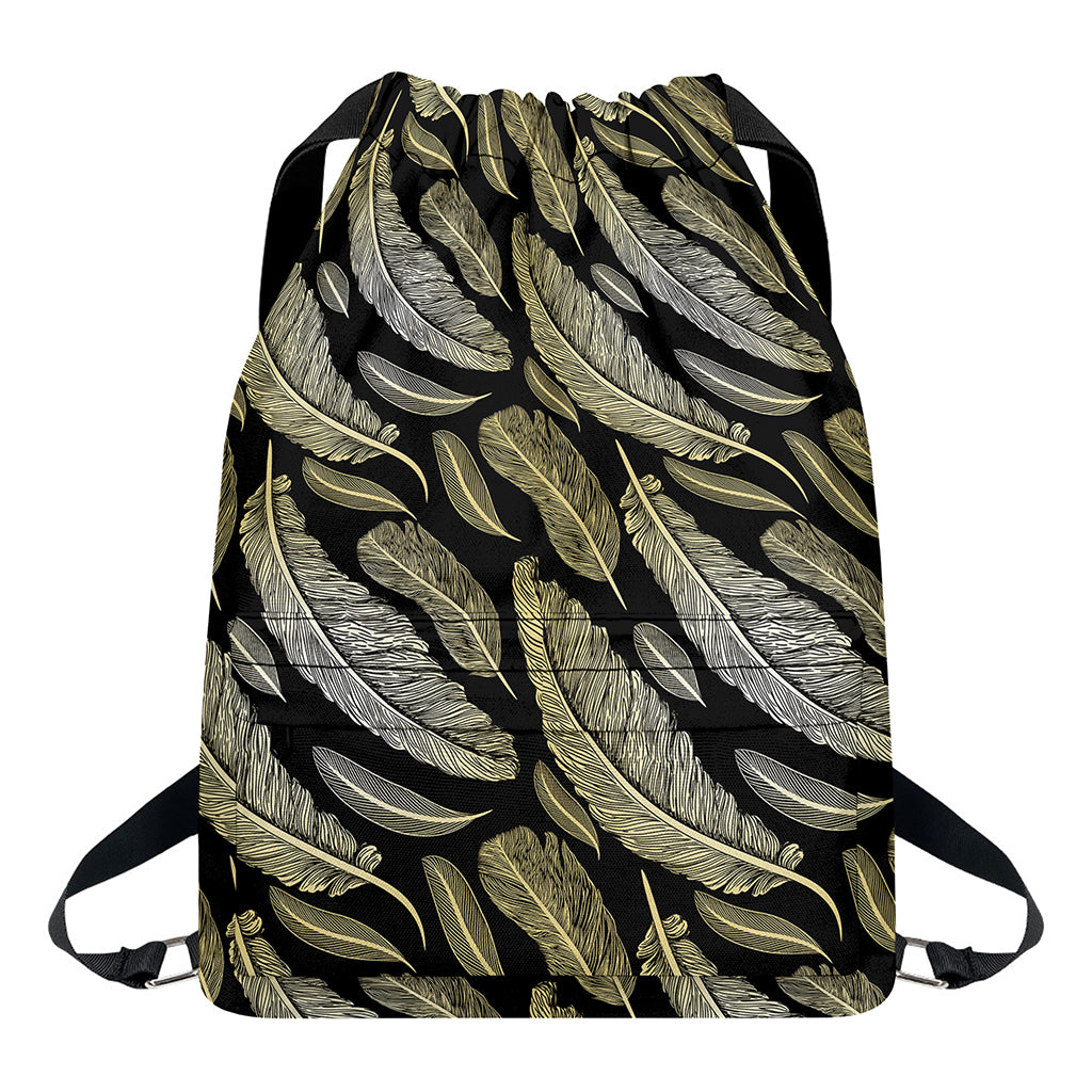 Gold And Black Feather Pattern Print Drawstring Backpack