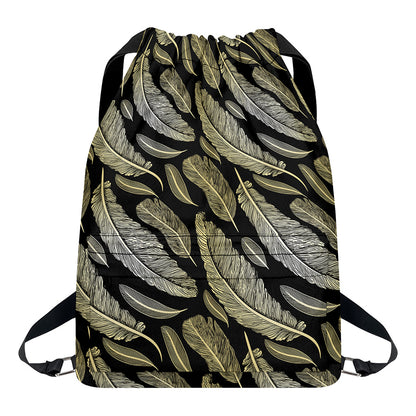 Gold And Black Feather Pattern Print Drawstring Backpack