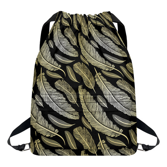 Gold And Black Feather Pattern Print Drawstring Backpack