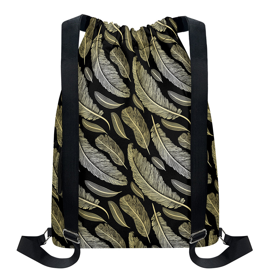 Gold And Black Feather Pattern Print Drawstring Backpack