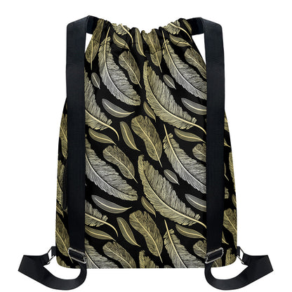 Gold And Black Feather Pattern Print Drawstring Backpack