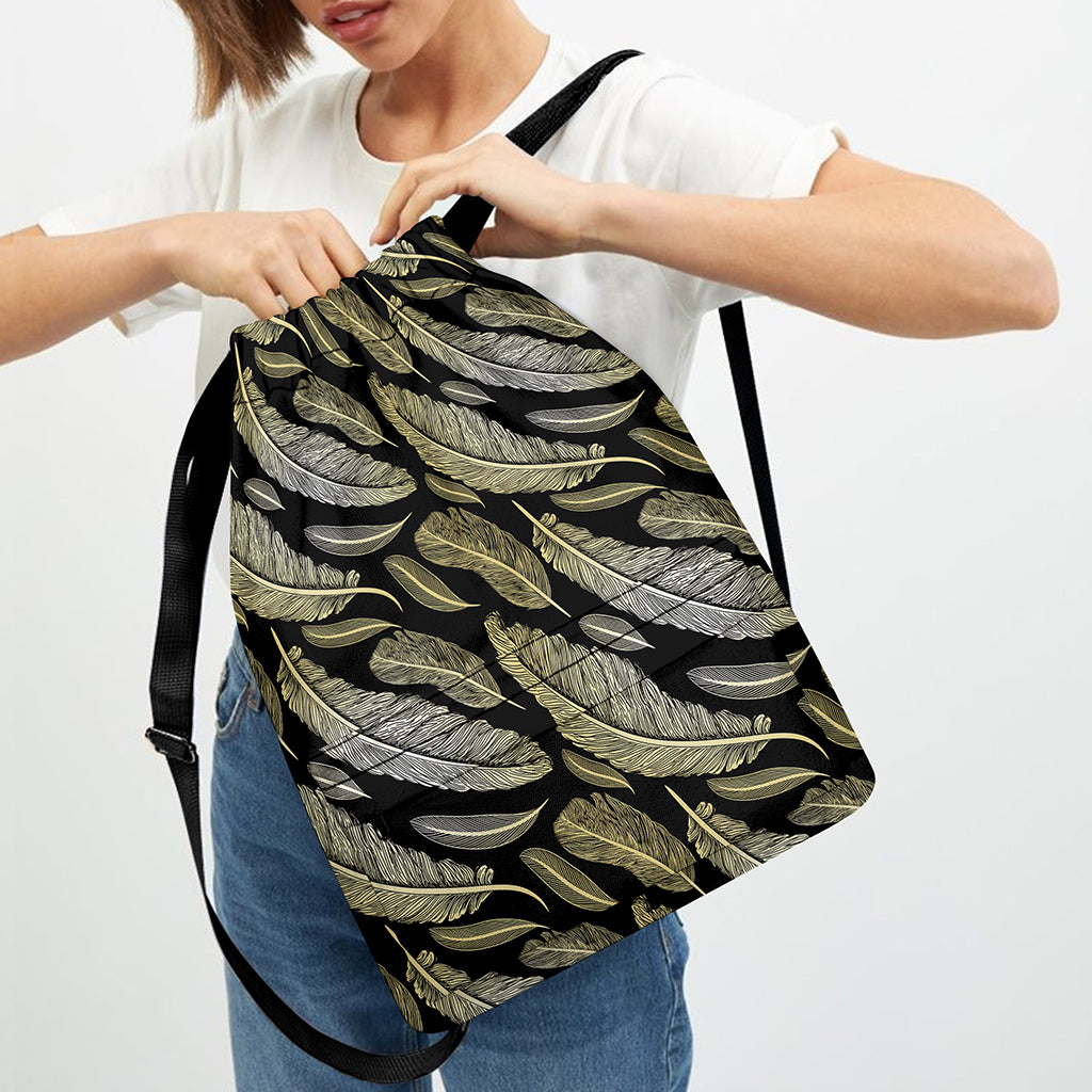 Gold And Black Feather Pattern Print Drawstring Backpack