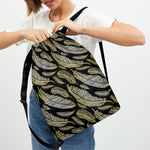 Gold And Black Feather Pattern Print Drawstring Backpack