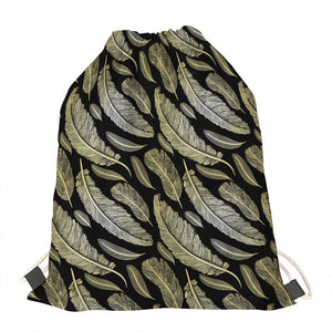 Gold And Black Feather Pattern Print Drawstring Bag