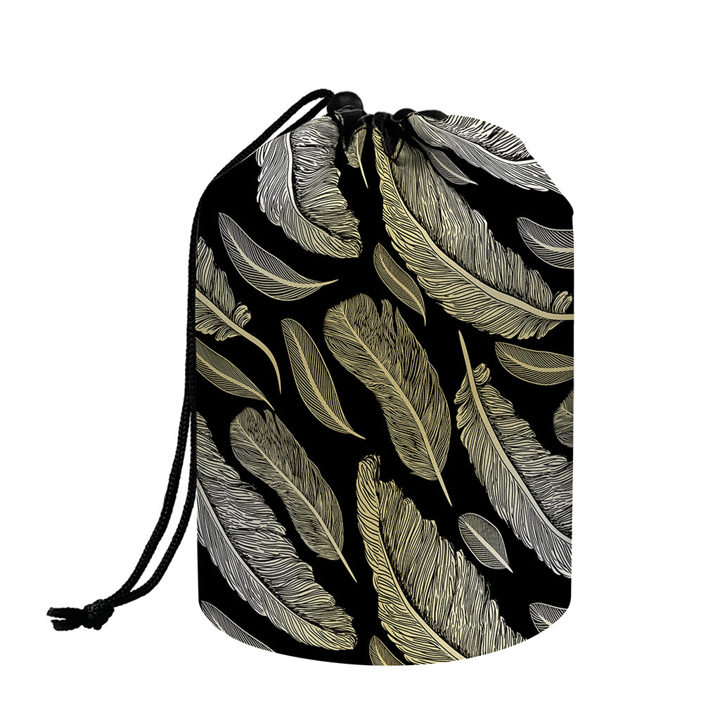 Gold And Black Feather Pattern Print Drawstring Makeup Bag