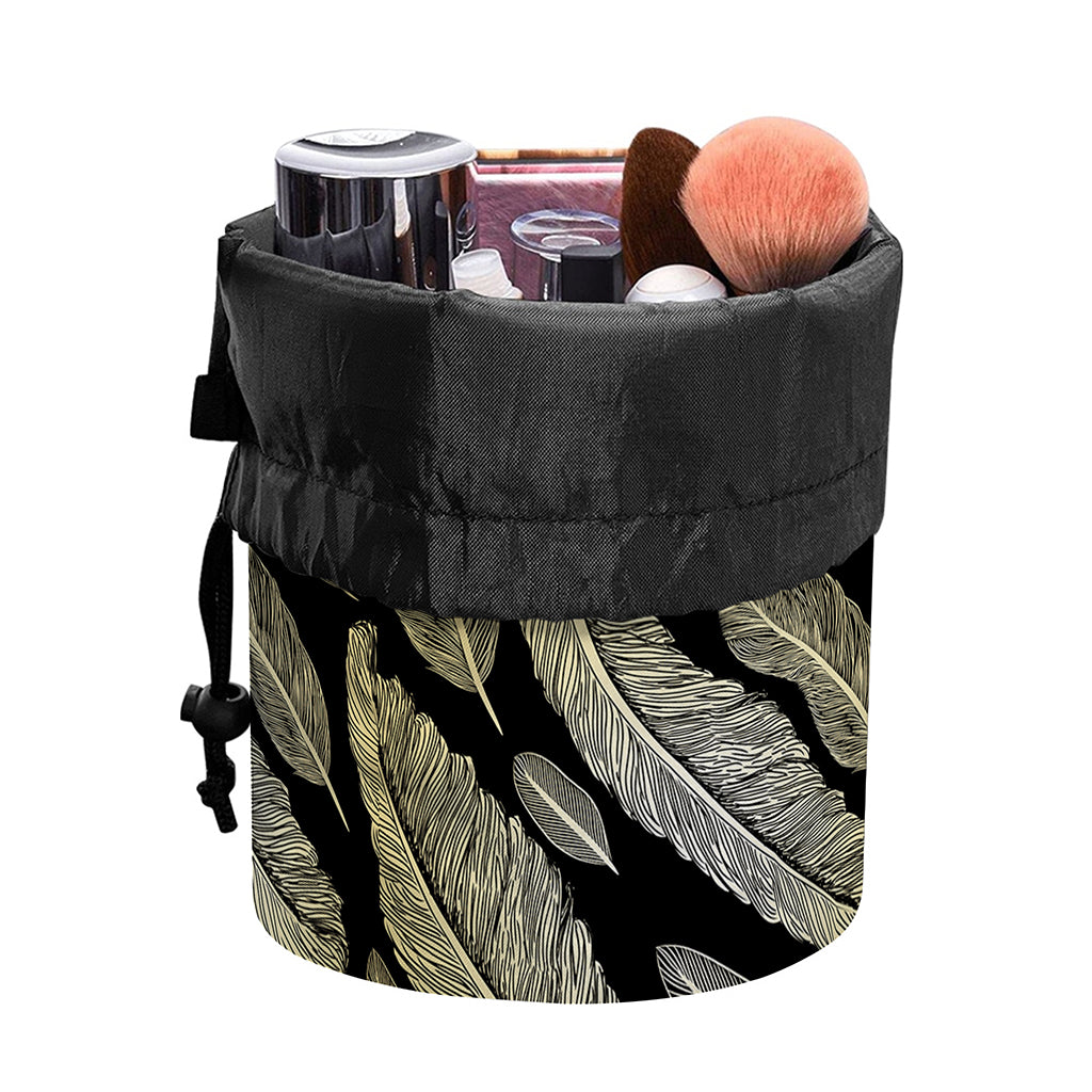 Gold And Black Feather Pattern Print Drawstring Makeup Bag