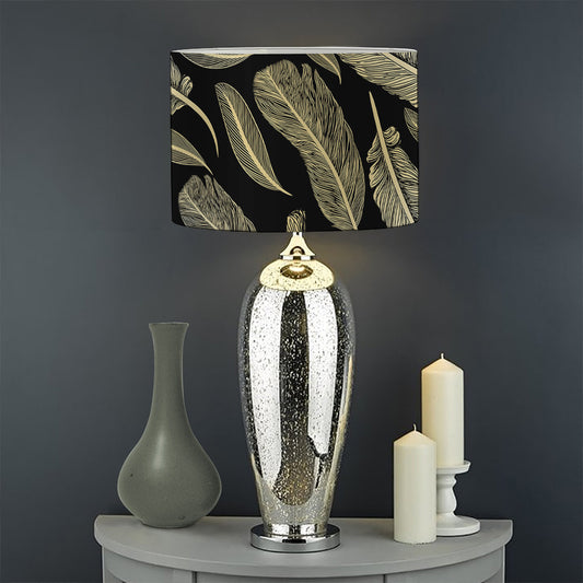 Gold And Black Feather Pattern Print Drum Lamp Shade