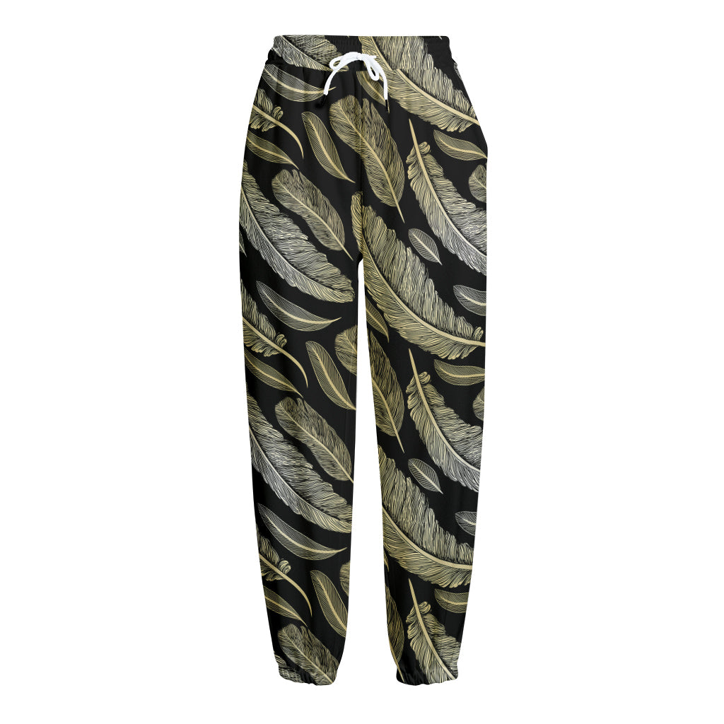 Gold And Black Feather Pattern Print Fleece Lined Knit Pants