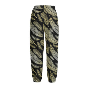 Gold And Black Feather Pattern Print Fleece Lined Knit Pants