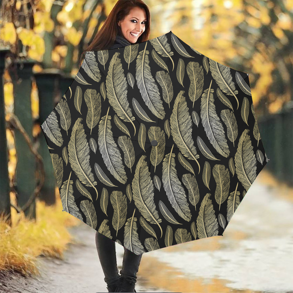 Gold And Black Feather Pattern Print Foldable Umbrella
