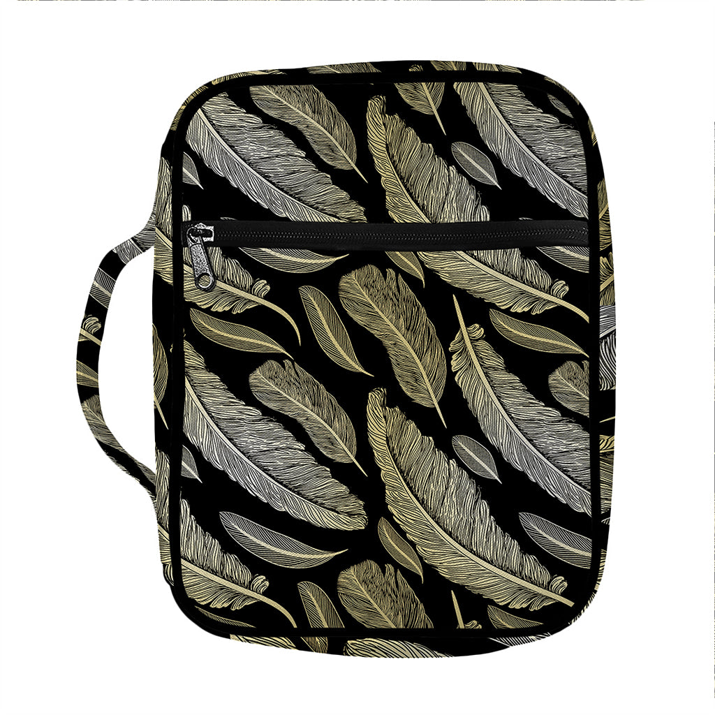 Gold And Black Feather Pattern Print Front Pocket Bible Bag