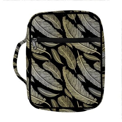 Gold And Black Feather Pattern Print Front Pocket Bible Bag