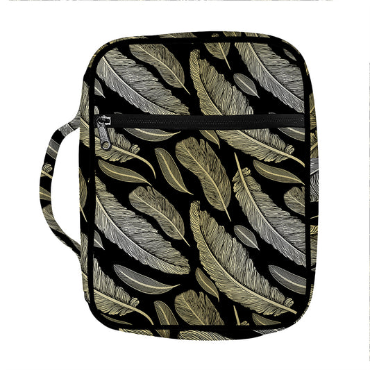Gold And Black Feather Pattern Print Front Pocket Bible Bag