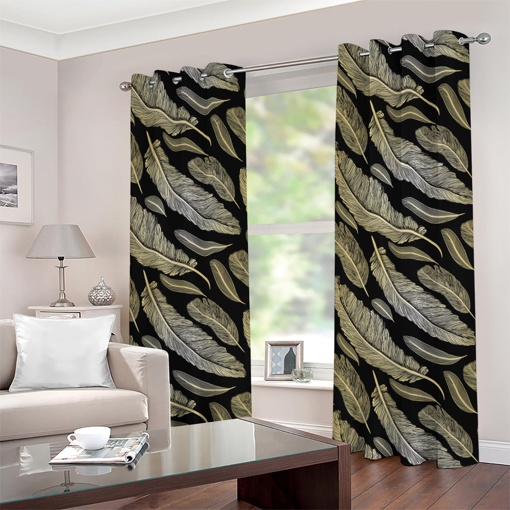 Gold And Black Feather Pattern Print Grommet Curtains