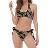 Gold And Black Feather Pattern Print Halter Scoop Tie Side Bikini