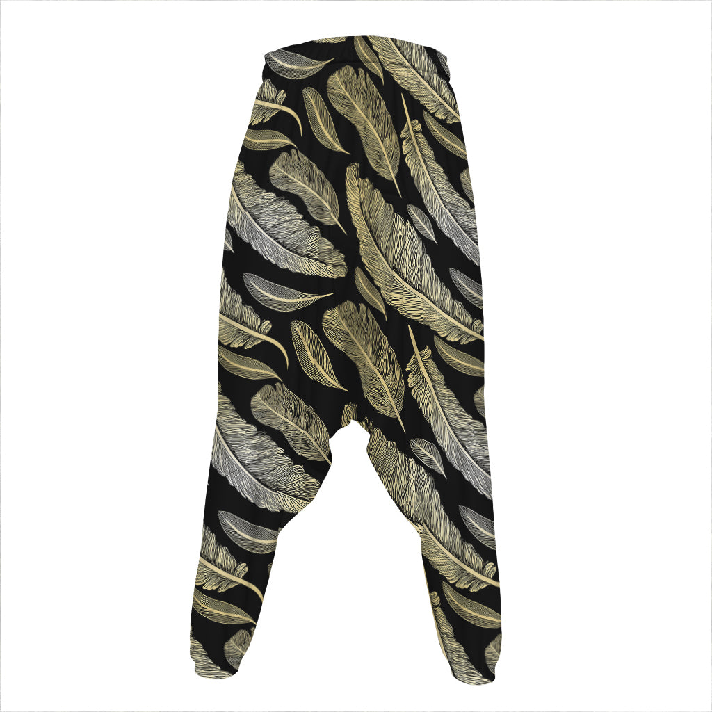 Gold And Black Feather Pattern Print Hammer Pants