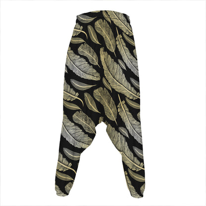 Gold And Black Feather Pattern Print Hammer Pants