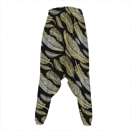 Gold And Black Feather Pattern Print Hammer Pants