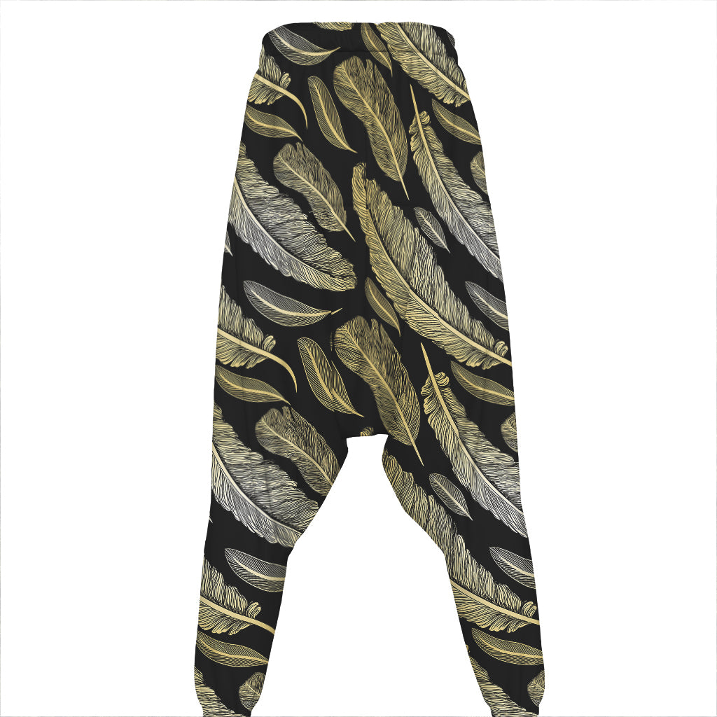 Gold And Black Feather Pattern Print Hammer Pants