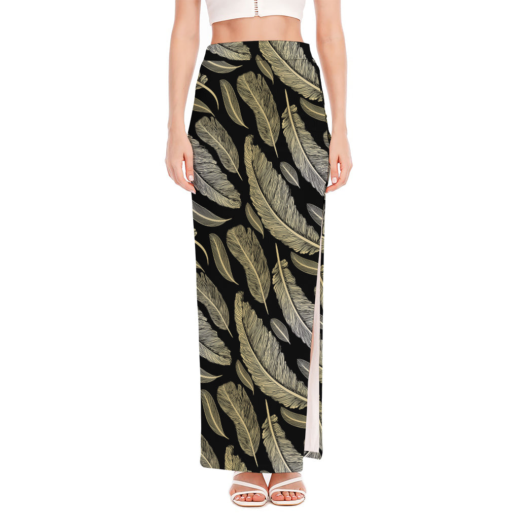 Gold And Black Feather Pattern Print High Slit Maxi Skirt