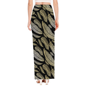 Gold And Black Feather Pattern Print High Slit Maxi Skirt