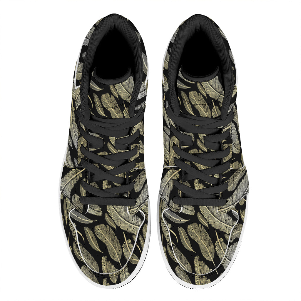 Gold And Black Feather Pattern Print High Top Leather Sneakers
