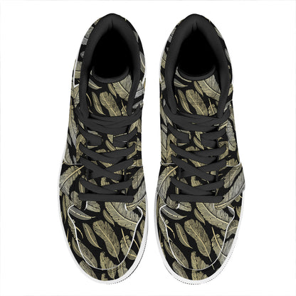 Gold And Black Feather Pattern Print High Top Leather Sneakers