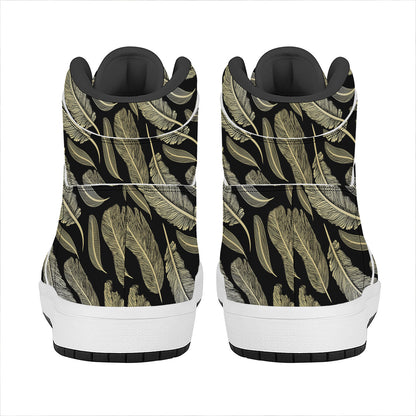 Gold And Black Feather Pattern Print High Top Leather Sneakers