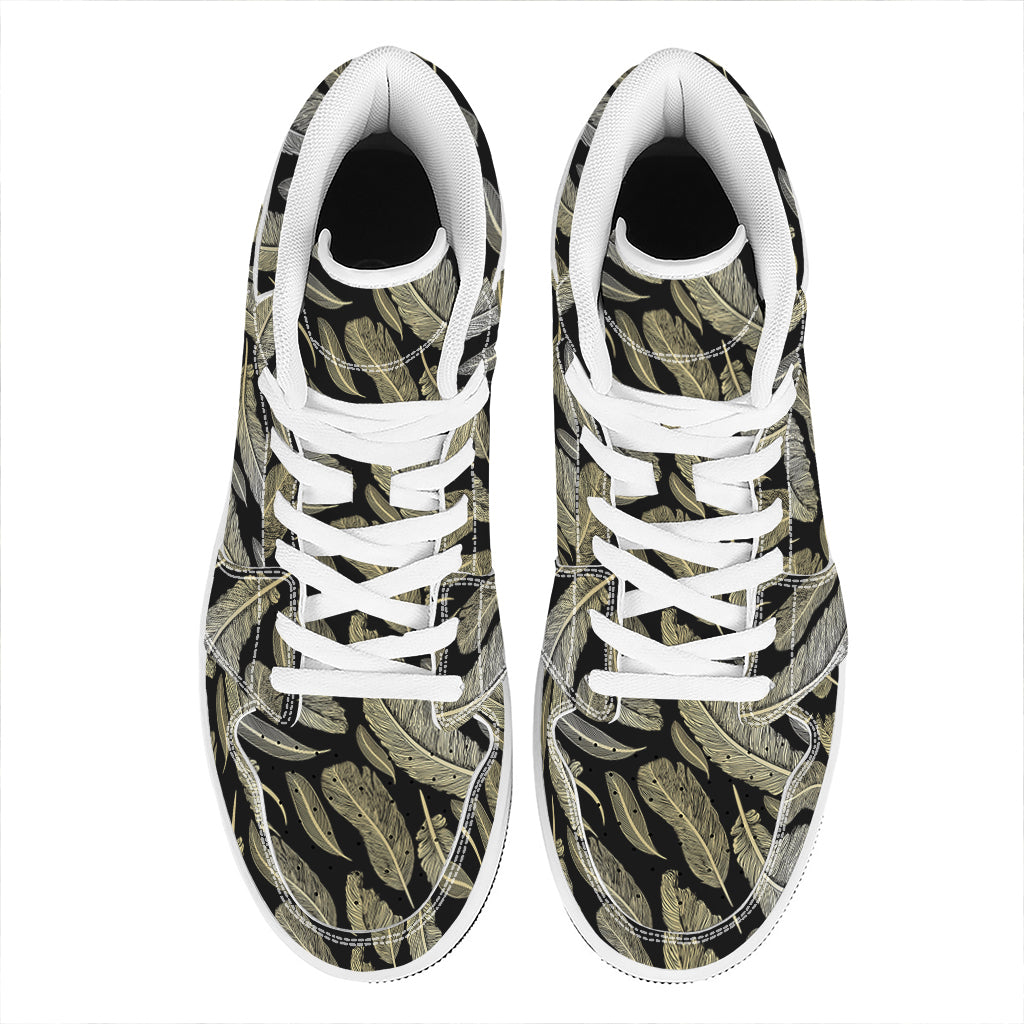 Gold And Black Feather Pattern Print High Top Leather Sneakers