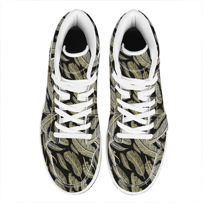 Gold And Black Feather Pattern Print High Top Leather Sneakers