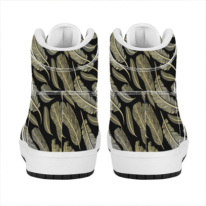 Gold And Black Feather Pattern Print High Top Leather Sneakers