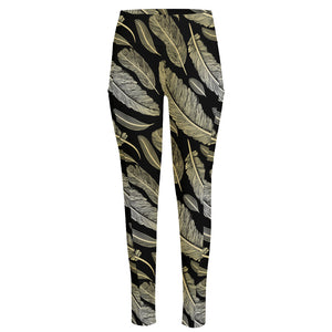 Gold And Black Feather Pattern Print High-Waisted Pocket Leggings