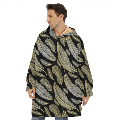 Gold And Black Feather Pattern Print Hoodie Blanket