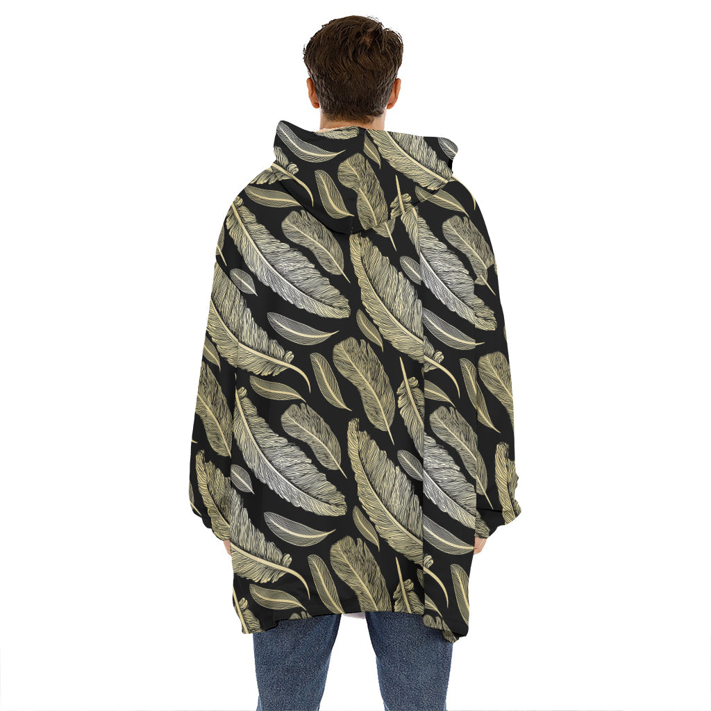 Gold And Black Feather Pattern Print Hoodie Blanket
