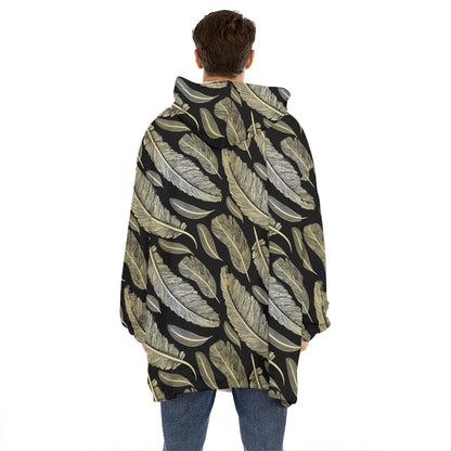 Gold And Black Feather Pattern Print Hoodie Blanket