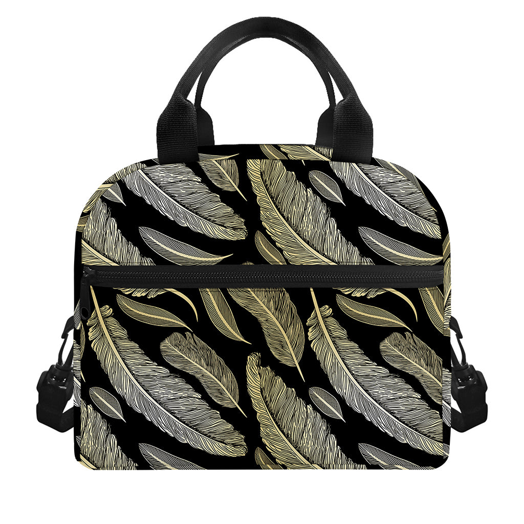 Gold And Black Feather Pattern Print Insulated Lunch Bag