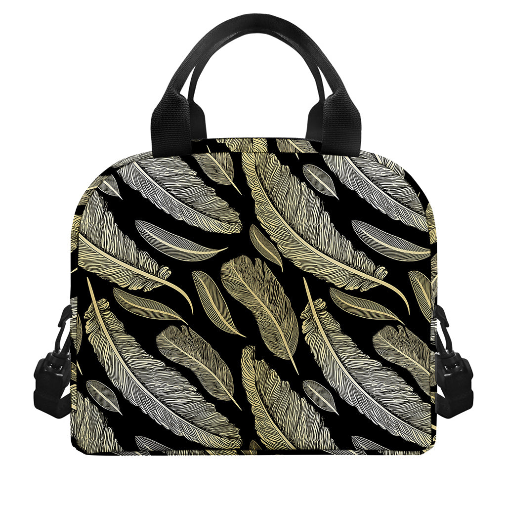 Gold And Black Feather Pattern Print Insulated Lunch Bag