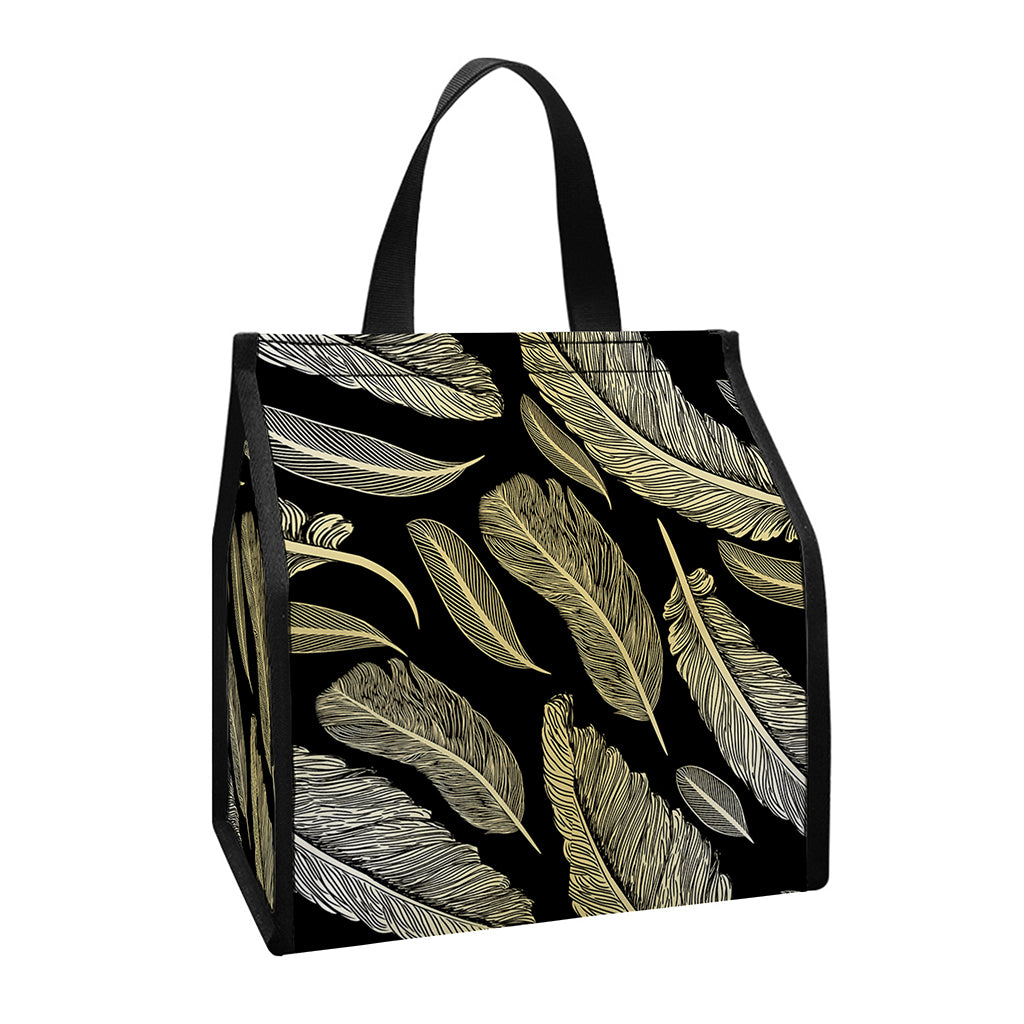 Gold And Black Feather Pattern Print Insulated Lunch Tote