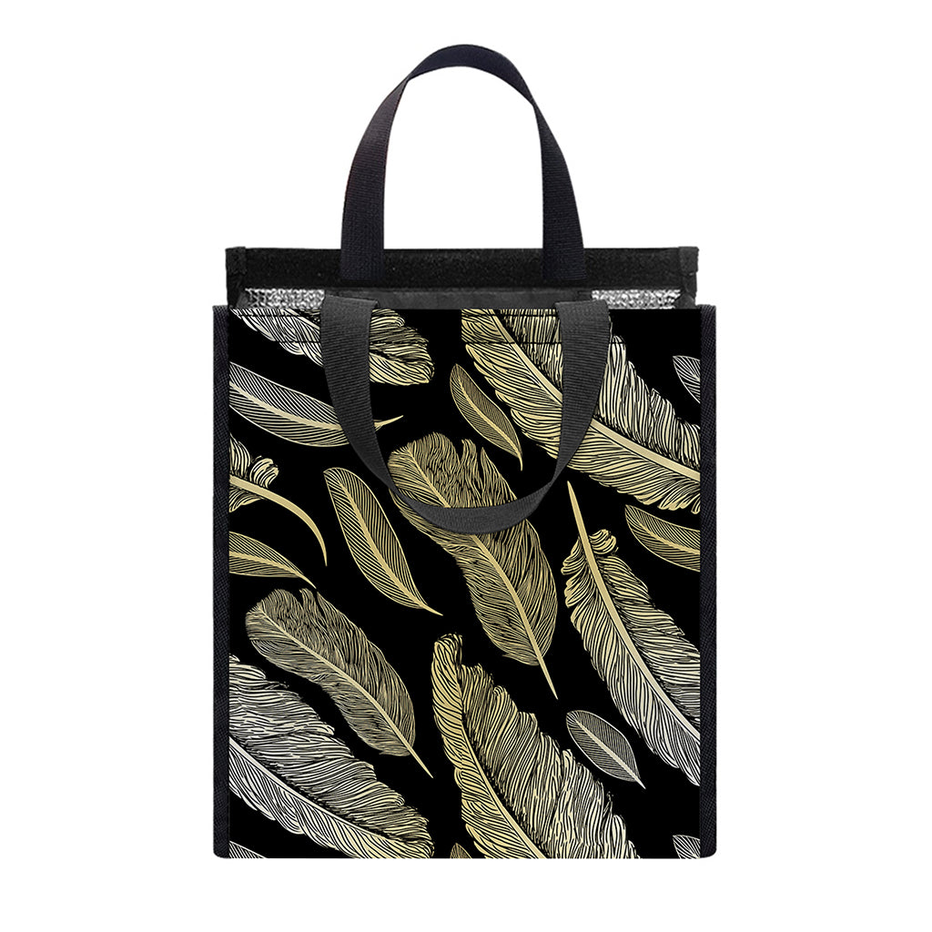 Gold And Black Feather Pattern Print Insulated Lunch Tote