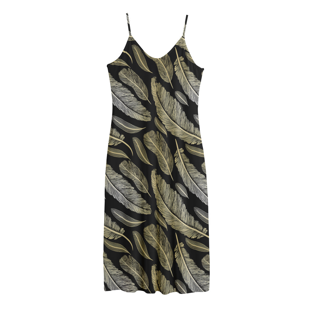 Gold And Black Feather Pattern Print Jersey Midi Cami Dress