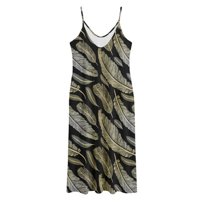 Gold And Black Feather Pattern Print Jersey Midi Cami Dress