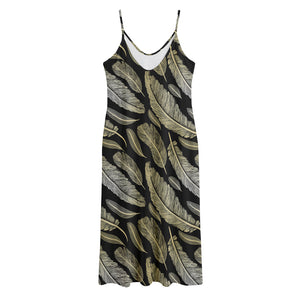 Gold And Black Feather Pattern Print Jersey Midi Cami Dress