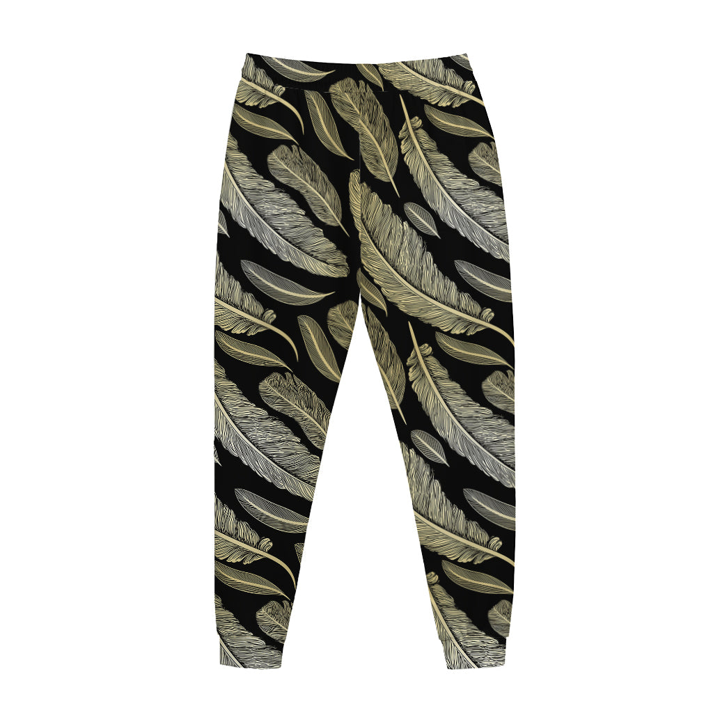 Gold And Black Feather Pattern Print Jogger Pants