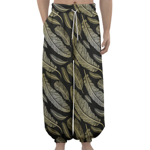 Gold And Black Feather Pattern Print Lantern Pants