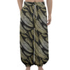 Gold And Black Feather Pattern Print Lantern Pants