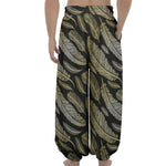 Gold And Black Feather Pattern Print Lantern Pants