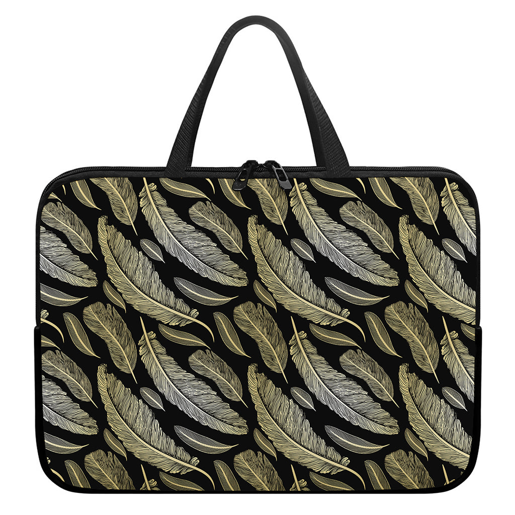 Gold And Black Feather Pattern Print Laptop Sleeve With Handle