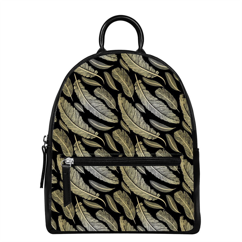 Gold And Black Feather Pattern Print Leather Backpack